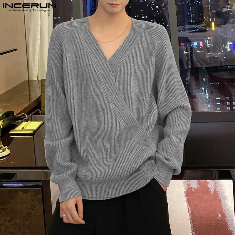 

INCERUN Men Sweaters Solid Color Knitted V Neck Long Sleeve Casual Male Cardigan Streetwear Korean Style 2024 Loose Kimono S-5XL