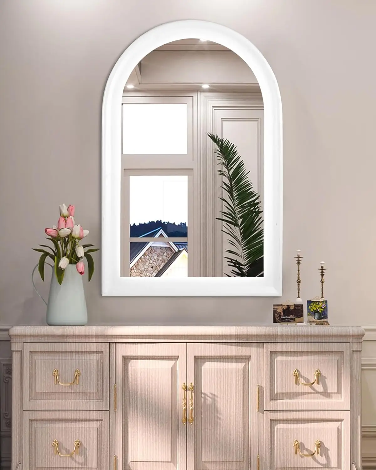 White Arched Bathroom Mirror. 24x36". White Wood Frame. Wall Mirror. For Bathroom, Living Room, Bedroom, Entryway