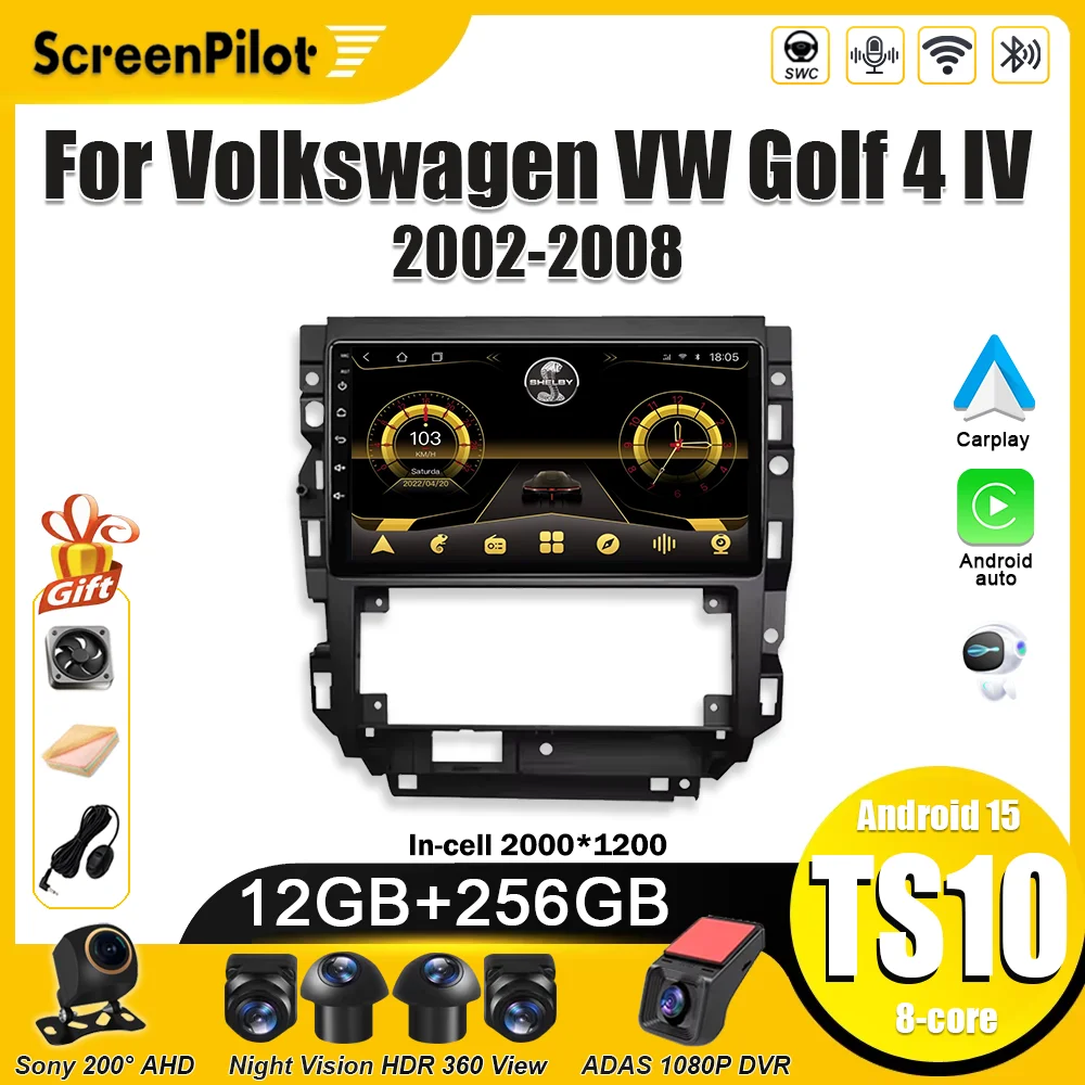 Radio Multimedia con Pantalla Táctil Android 16 para Volkswagen VW Golf 4 IV 2002-2008, Jetta MK4 Classics, Reproductor de Video, Carplay 2
