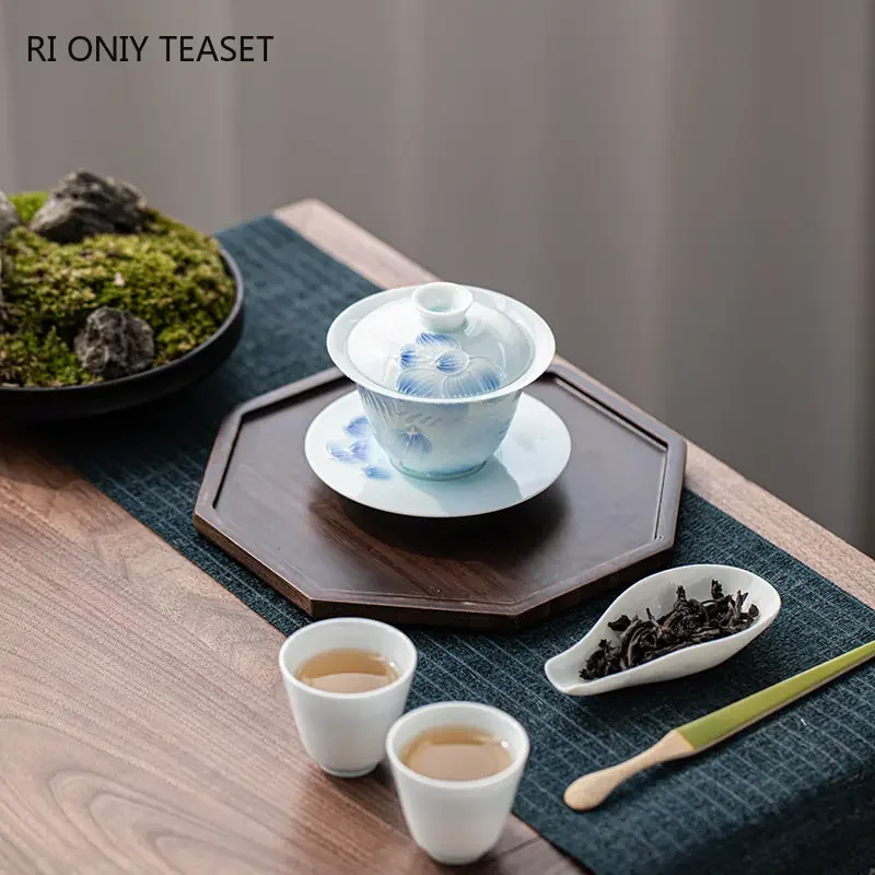 140ml Chinese Hand-painted Lotus Flower Ceramic Tea Tureen Teacup Portable Gaiwan Set Handmade Porcelain Tea Bowl Home Set