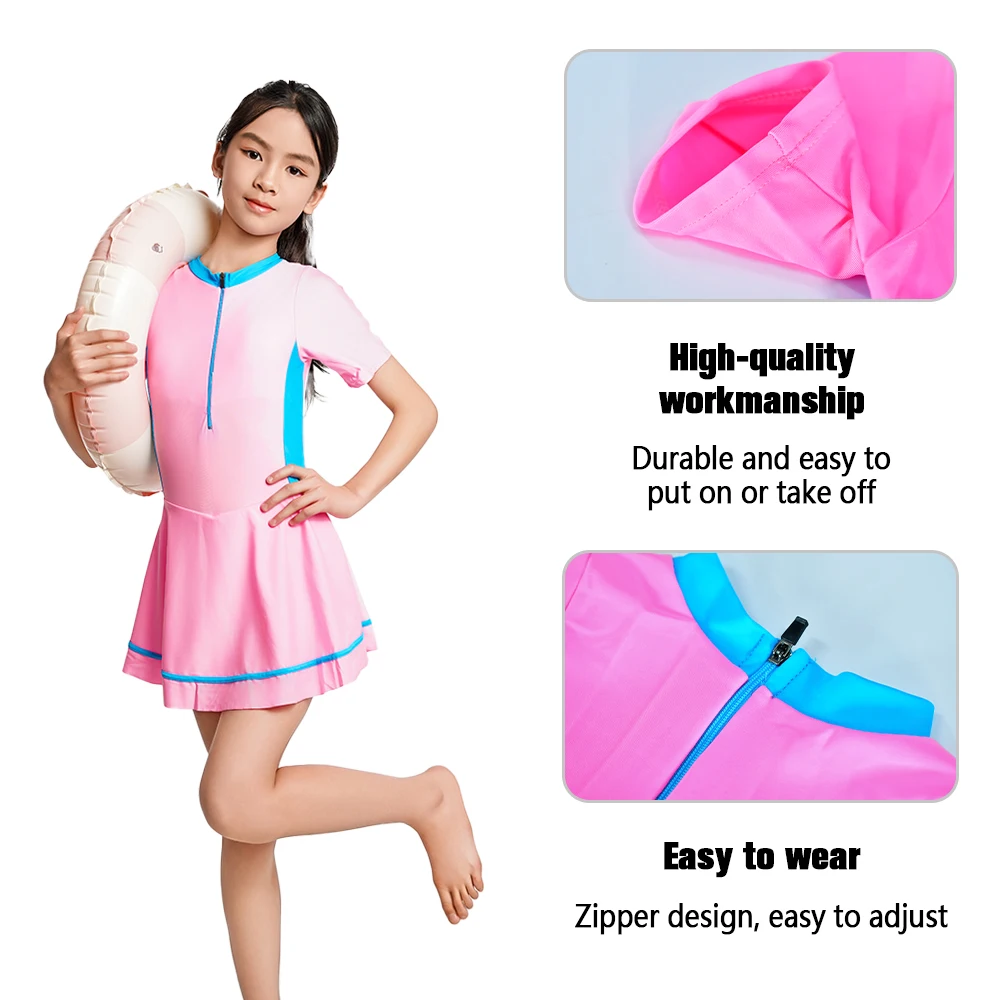 Girls One Piece Swimsuit Short Sleeve Zipper Swimwear Summer Vacation Skirt with Built-in Shorts BeachWear Rash Guard Swim Dress 3