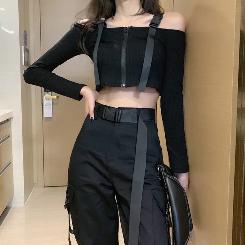 Black Gothic Women Sets 2023 Spring Summer 2 Piece Set Sexy Crop Top Cargo Pants High Waist Trousers Hip Hop Women's clothing streetwear gothic jeans women y2k high waist jeans trousers casual cross cargo pants korean summer straight baggy punk clothes