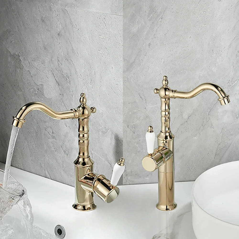 Antique Bathroom Faucet Household Sink Basin Faucet Deck Mounted Mixer Hot Cold Crane Water Tap One Hole Vanity Washbasin Faucet