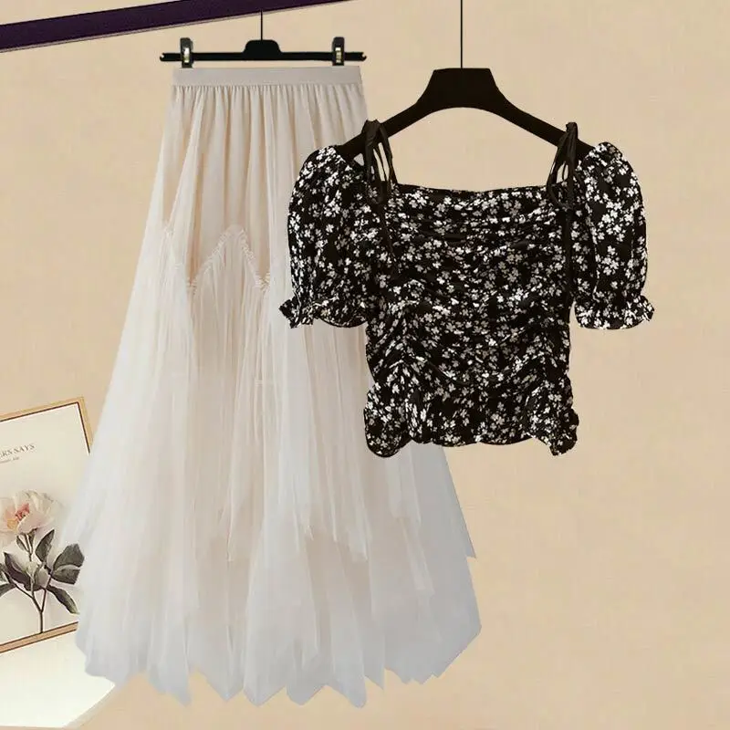 Korean Style Drawstring Pleated Short Sleeved T-shirt Tops Tulle Pleated Skirt Two-piece Elegant Women's Pants Set Casual Outfit