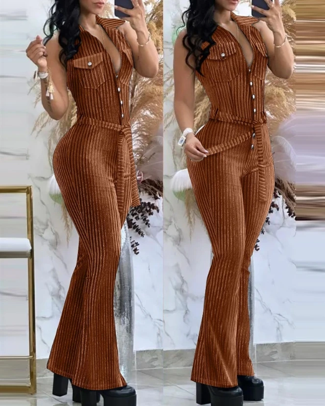 Women's Long Jumpsuit 2023 New Temperament Commuting Velvet Turn Down Collar Buttoned Half Cardigan Sleeveless Flared Jumpsuit