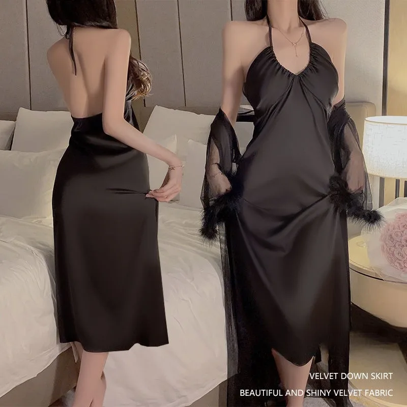 Spring Large Size with Chest Pad Long Pajamas New Sexy Pyjamas Mesh Transparent Nighty Hanging Neck Drawstring Tie Nightdress