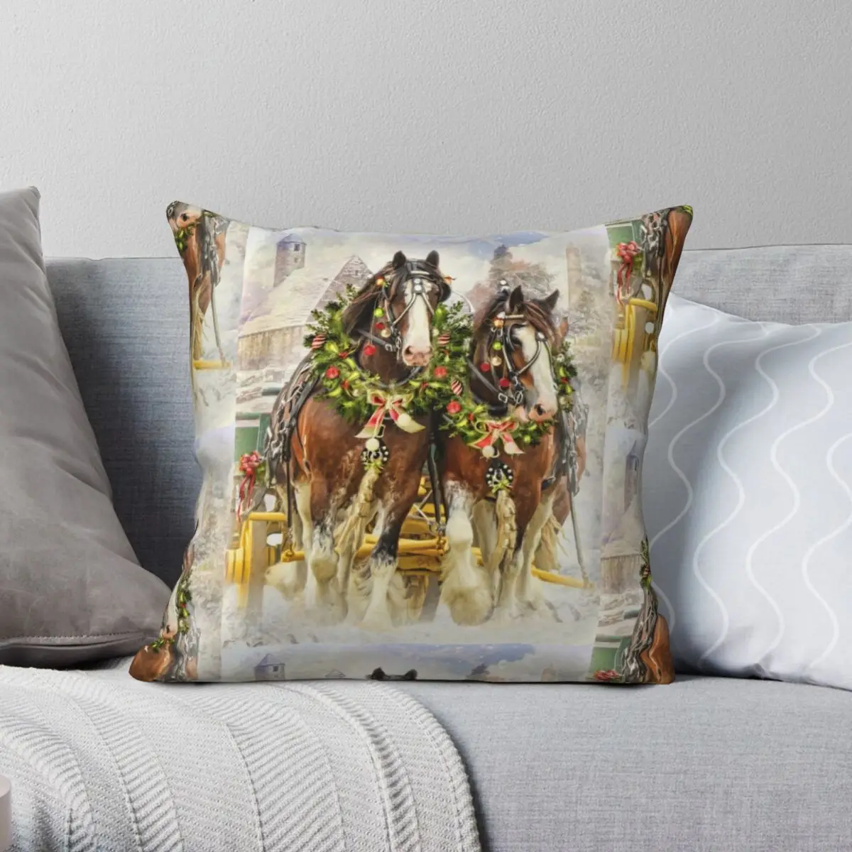 

Christmas Clydesdales Pillowcase Polyester Linen Velvet Creative Zip Decorative Throw Pillow Case Car Cushion Cover