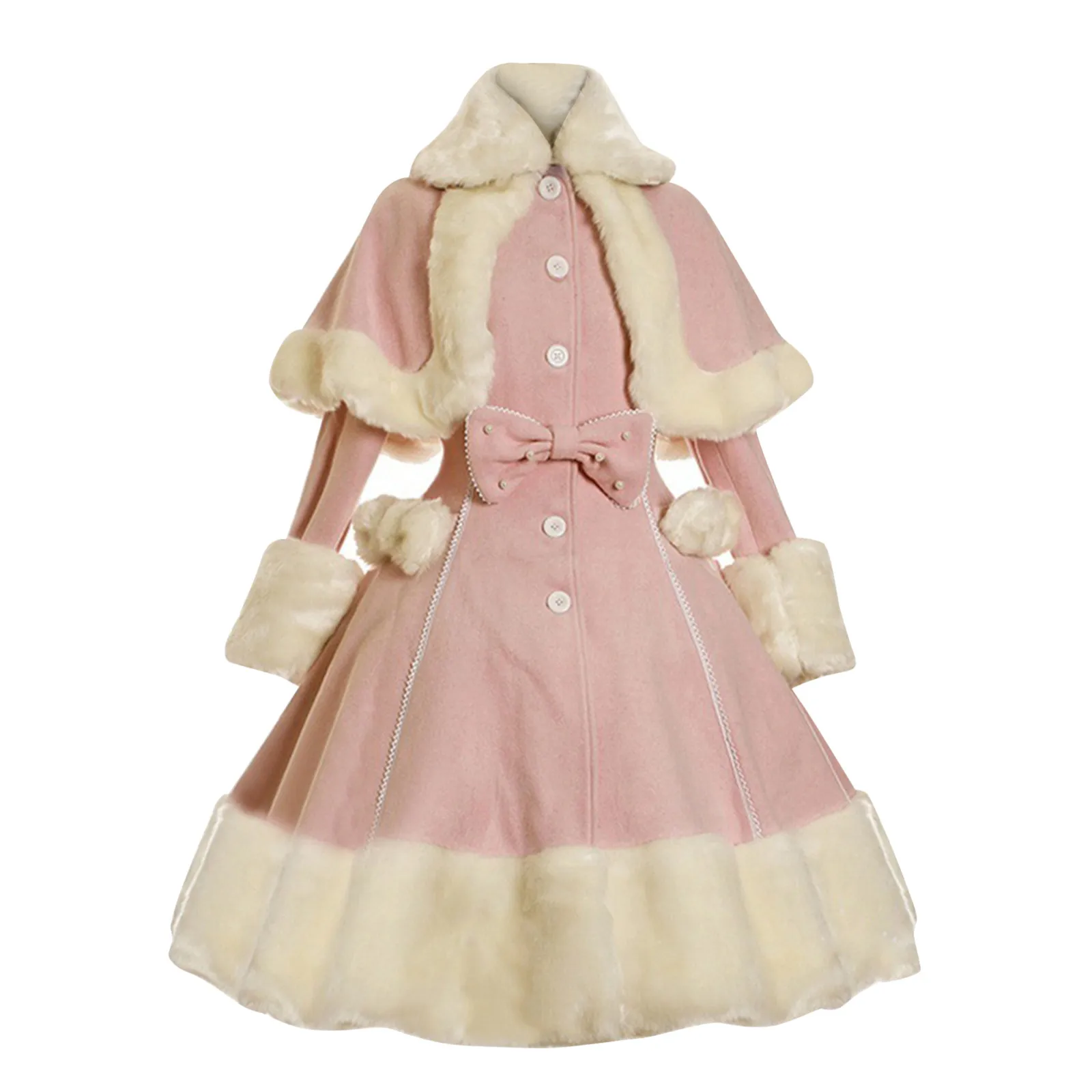 Vintage Gothic Lolita Dress Suit Women Fur Collar Long Sleeves Shawl Cute Single-breasted Winter Warm Thick Bow Dresses lolita dress lolita suspender dress lolita cosplay costumes suspender dress