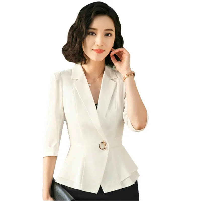 Summer Black White Blazer Coat Women Office Ladies Half Sleeve Slim