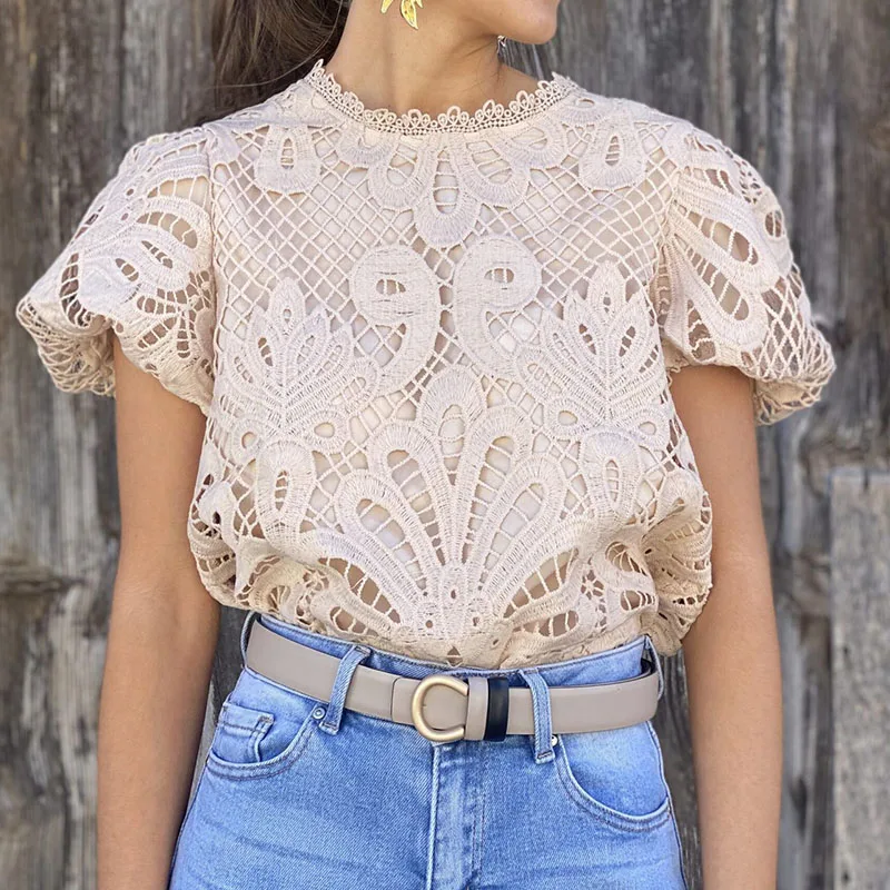 High Street Puff Short Sleeve Lace Blouse Top Office Fashion Hollow Shirt t Shirt Commute Women O Neck Solid Jacquard Pullover