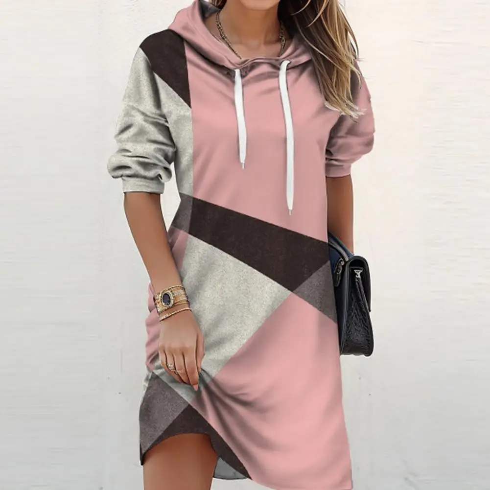 

Long Sleeve Sweatshirt Dress Colorblock Hooded Drawstring Women's Mini Dress for Fall Winter Casual Style Women Loose Dress