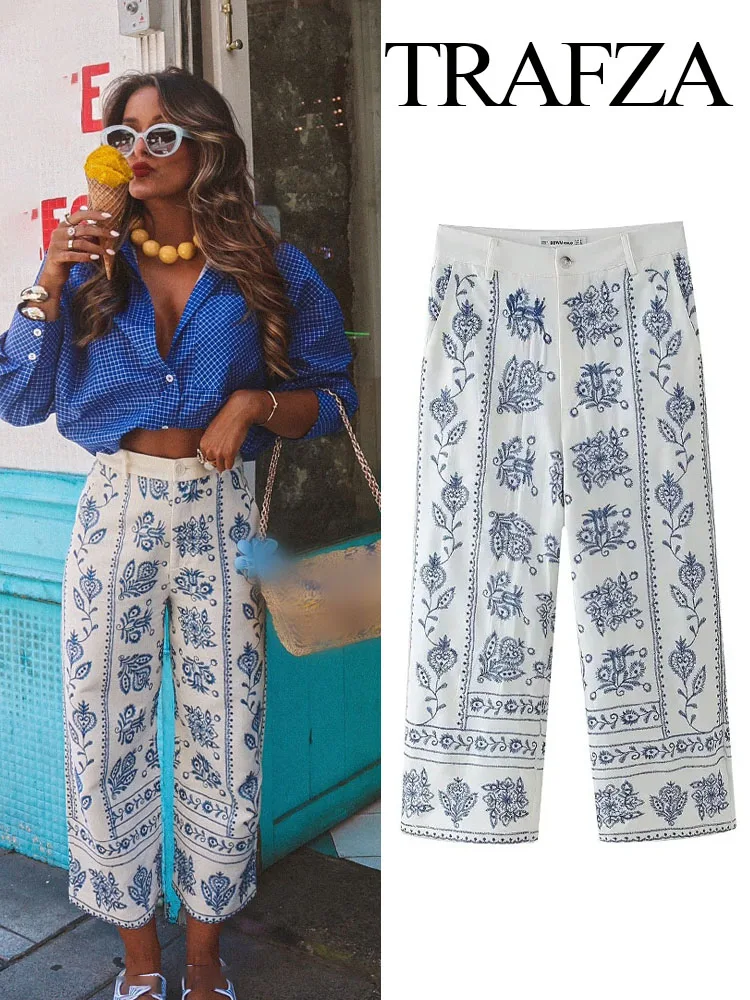 

TRAFZA Summer Fashion Women Long Pants Blue Print Mid-Rise Embroidery Decorate Pockets Button Zipper Female Wide Leg Pants TRAF