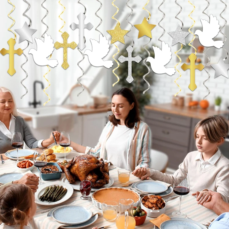 6/12Pcs First Communion Hanging Swirls God Bless and Peace Pigeon Paper Garland Boys Girls Baptism Party Decoration Baby Shower