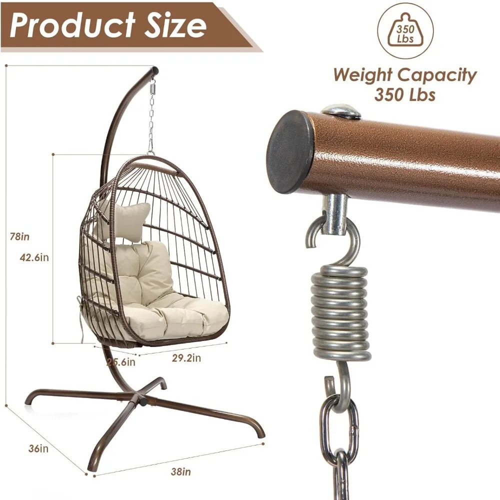 Swing Egg Chair Indoor Outdoor Patio Wicker Hanging Chair with Stand All Weather Egg Hammock Chairs with Cushions Swinging Chair 6