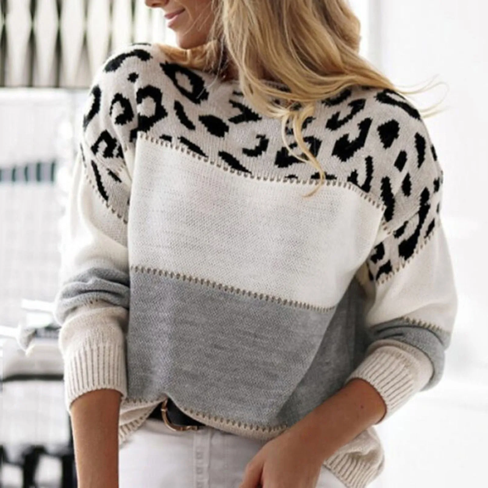 

Leopard Print Knit Sweater Autumn Winter 2023 Women Long Sleeve Top Korean Fashion Vintage Streetwear Oversized Pullover Tops