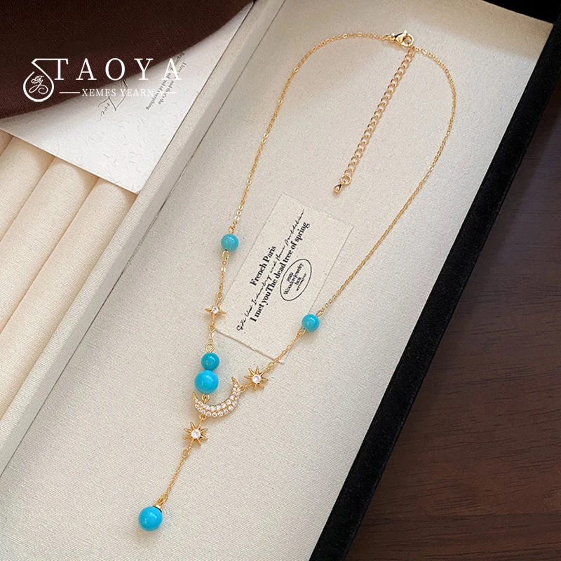 Goldfarbene Y-förmige Stern-Mond-Anhänger-Halskette für Damen mit Perlen, Zirkonia, Halbmond-Choker, elegante, zarte, verstellbare Kette, Schmuckgeschenk