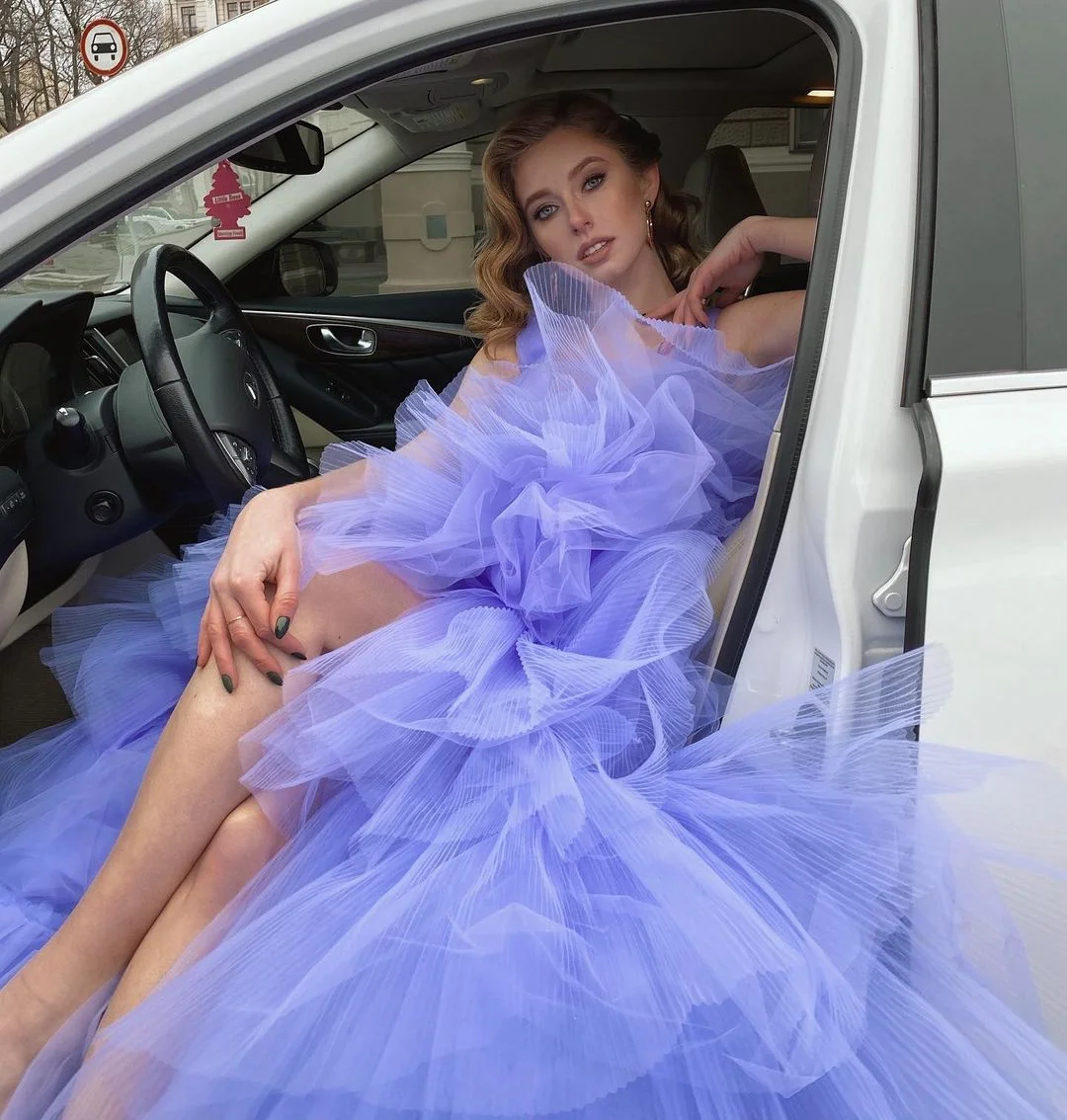 Xijun Lavender Tiered Ruffles Tulle Evening Dresses V-Neck Sleeveless Pleat Ruched Prom Dress Wedding Party Gowns 2023