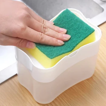 2 in 1 พร้อมฟองน้ําขัดเครื่องจ่ายผงซักฟอกเหลวกด-ประเภทสบู่เหลวกล่องปั๊มOrganizerเครื่องมือห้องครัวอุปกรณ์ห้องน้ํา 2