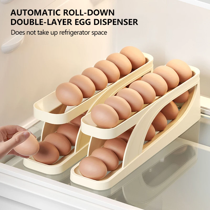 

2023 New Automatic Roll-Down Double-layer Egg Dispenser Kitchen Organizer Space Saving Helps Keep Eggs Fresh Kitchen Organizer
