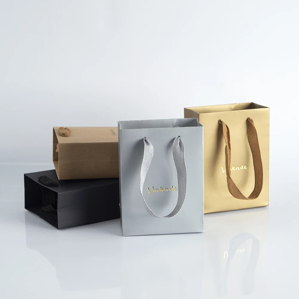 24 Luxury Black Paper Gift Bag Custom Logo Print Paper Tote Packing Bag For Gift With Ribbon Handle Jewelry Box Packaging Bags