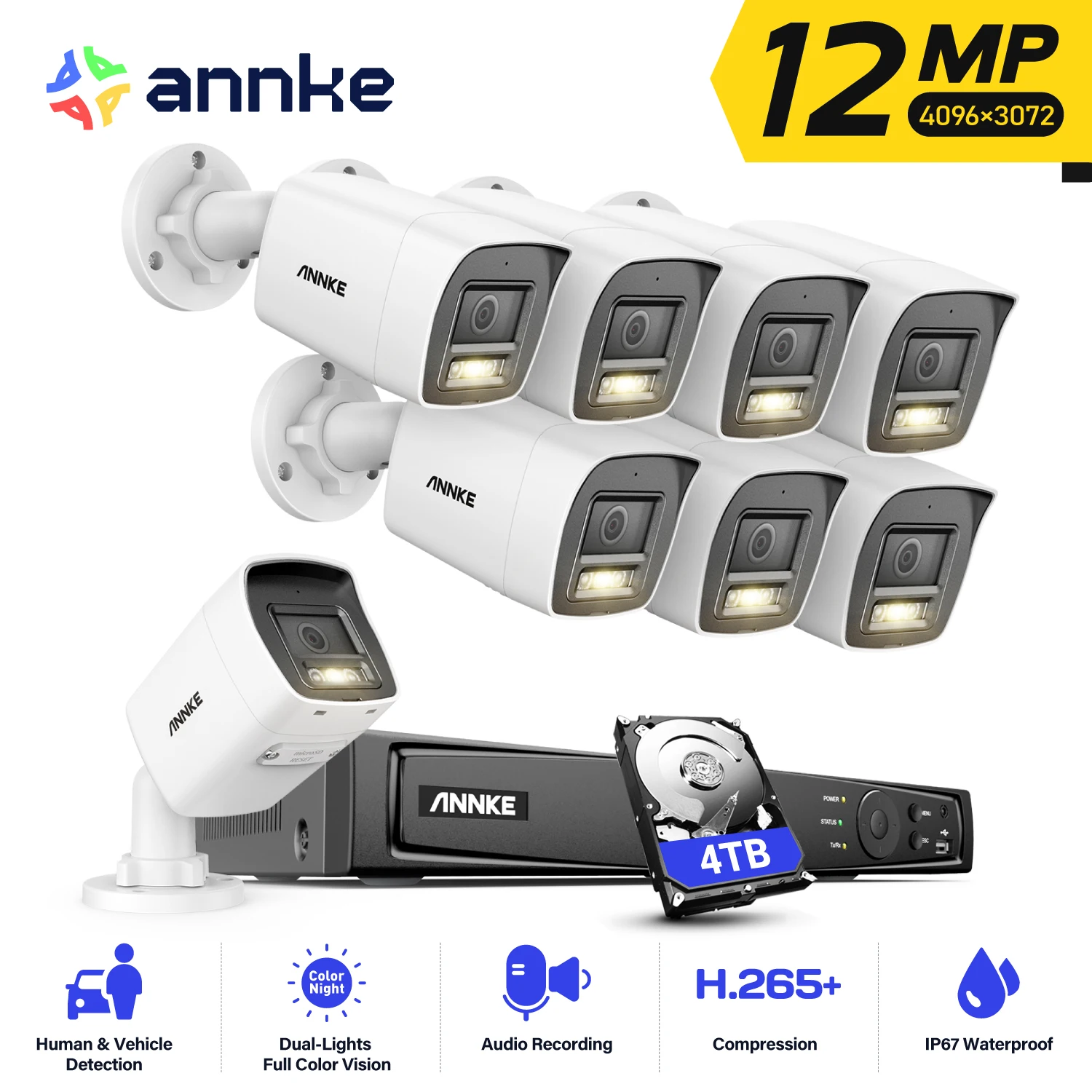 Annke 8CH NVR 12MP HD IP Security Camera Poe 6K Dual Light Audio Fixed Video Surveillance Human Vehicle Detection CCTV System