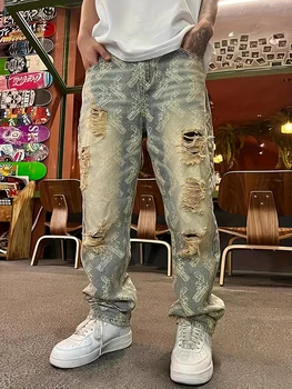 American-Style Street Washed Distressed Ripped Jeans for Men, Spring and Autumn Straight-Leg Loose European and American High Street Vibe Long Pants