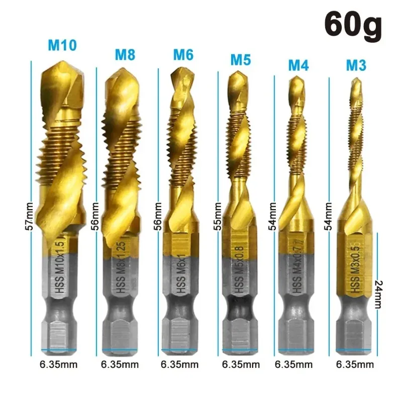6-Piece Titanium Coated High-Speed Steel Tap & Drill Combo Set - 2-in-1 Threading and Chamfering Tool with Integrated Design