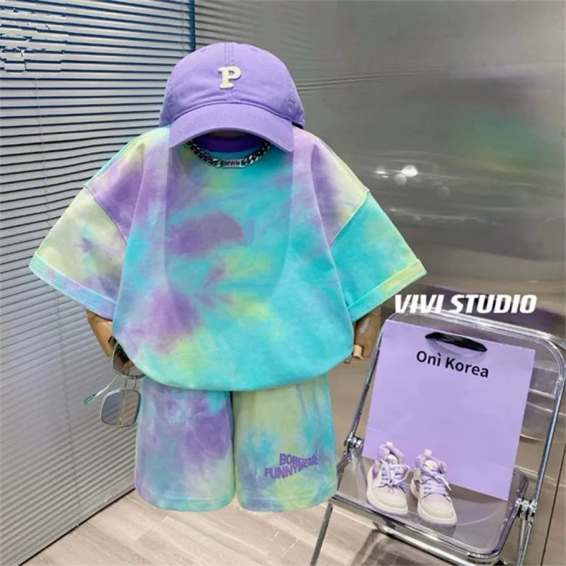 Kids Clothes Girls & Boys Summer Tie-dye Trcksuit Children Girl Top & Shorts 2 Pieces Set Teenage Fashion Outfit Colorful Suit