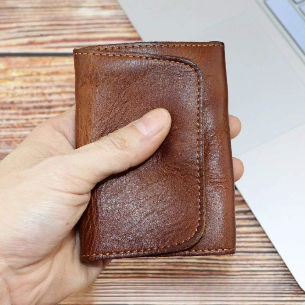 Vintage Genuine Cowhide Leather Compact Wallet - Handmade Unisex Card Holder & Coin Purse