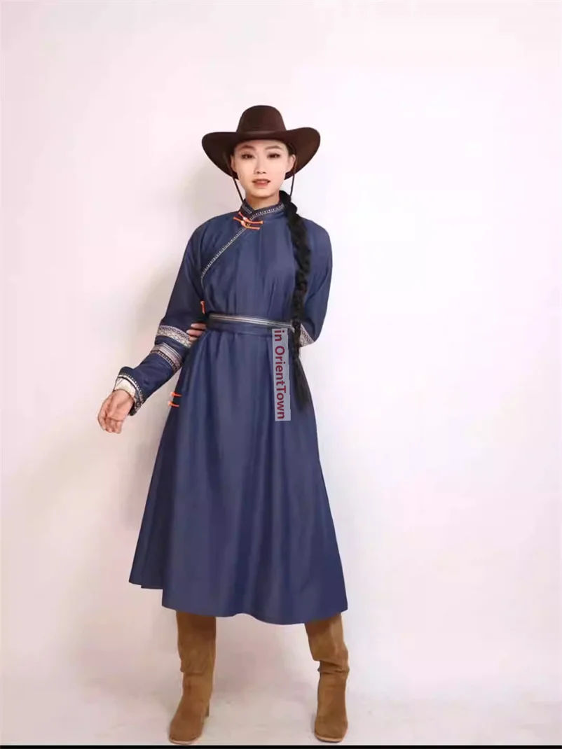 Ulan Bator Trend Denim Mongolia Popular Diagonal Collar Robe Dress Long Sleeves Traditional Women's Mongolian Blue Gown TP013