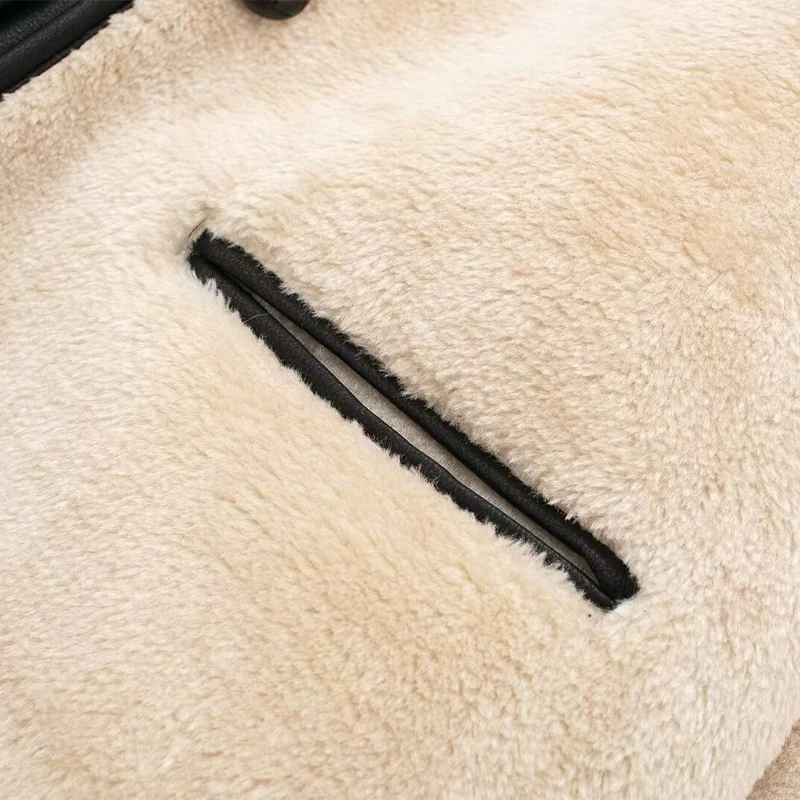 Vintage Lambs Wool Jacket For Women Loose Fleece O-neck Single Breasted Pockets Long Sleeve Fur Coat Autumn Winter Lady Outwear