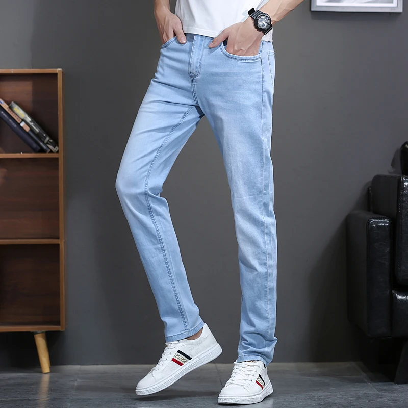 OUSSYU Classic Style Brand Light blue Jeans Men Casual Stretch Slim Denim Pants Fashion Cotton Thin Trousers Male 28-40 3