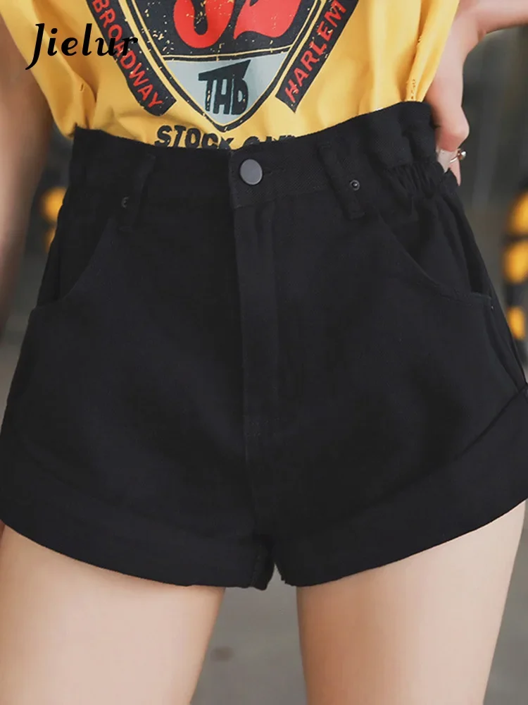 Jielur Denim Shorts Women White Women Short Jeans Khaki Wide Leg Elastic Waist Vintage Casual High Waist Shorts Women Summer