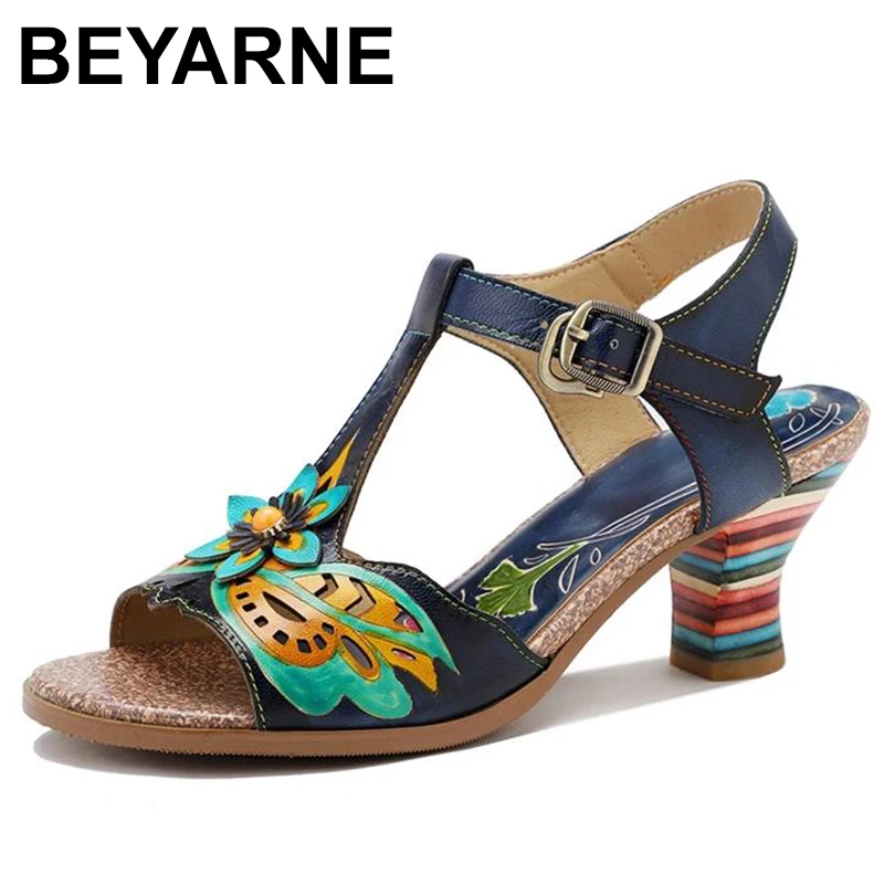 

Genuine Leather Sandals Super Comfy Sequined Pattern Floral Veins Hook Loop Elegant Sandals Summer Shoes Women 2023