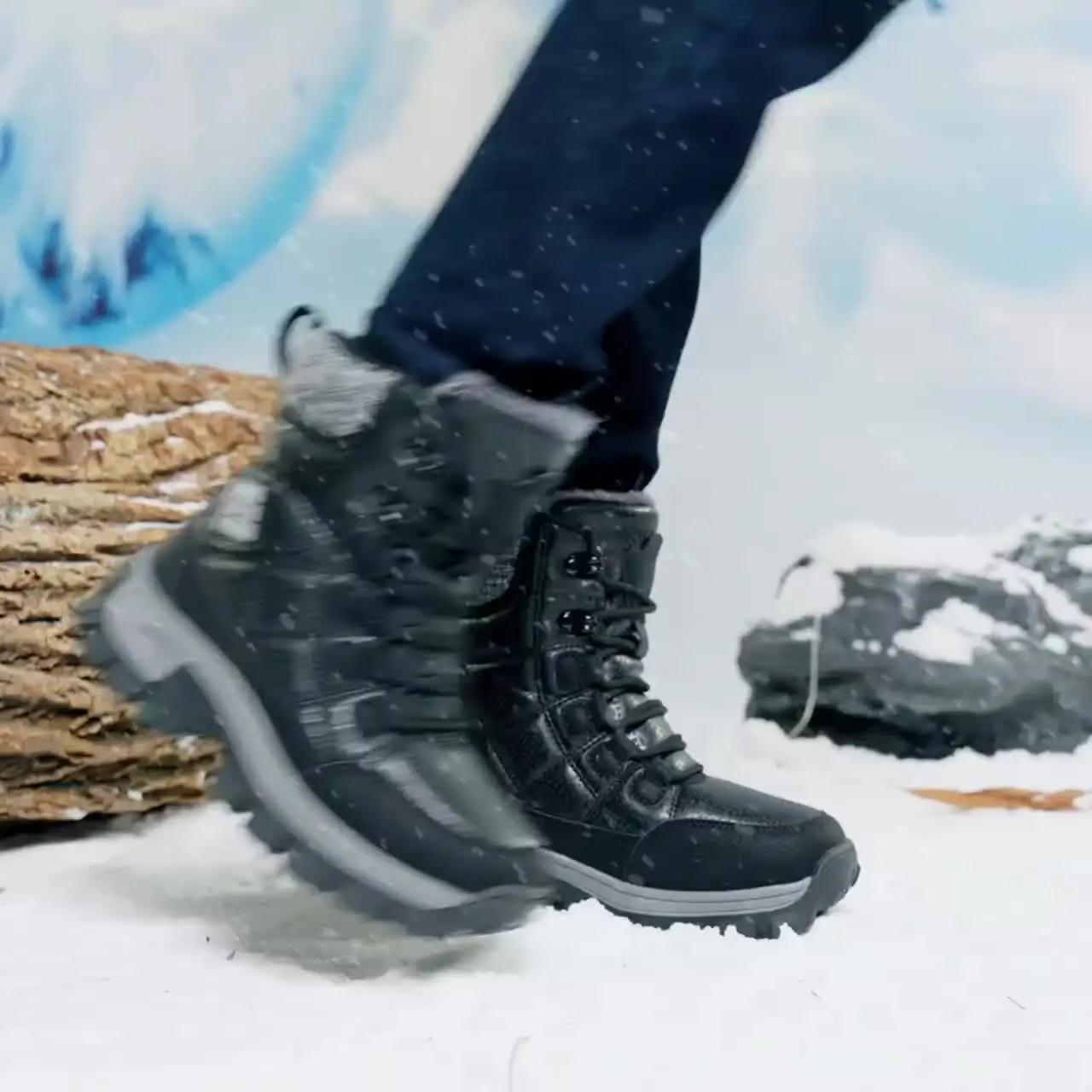 Теплые плюшевые мужские ботинки высокие на шнуровке водонепроницаемые зимние