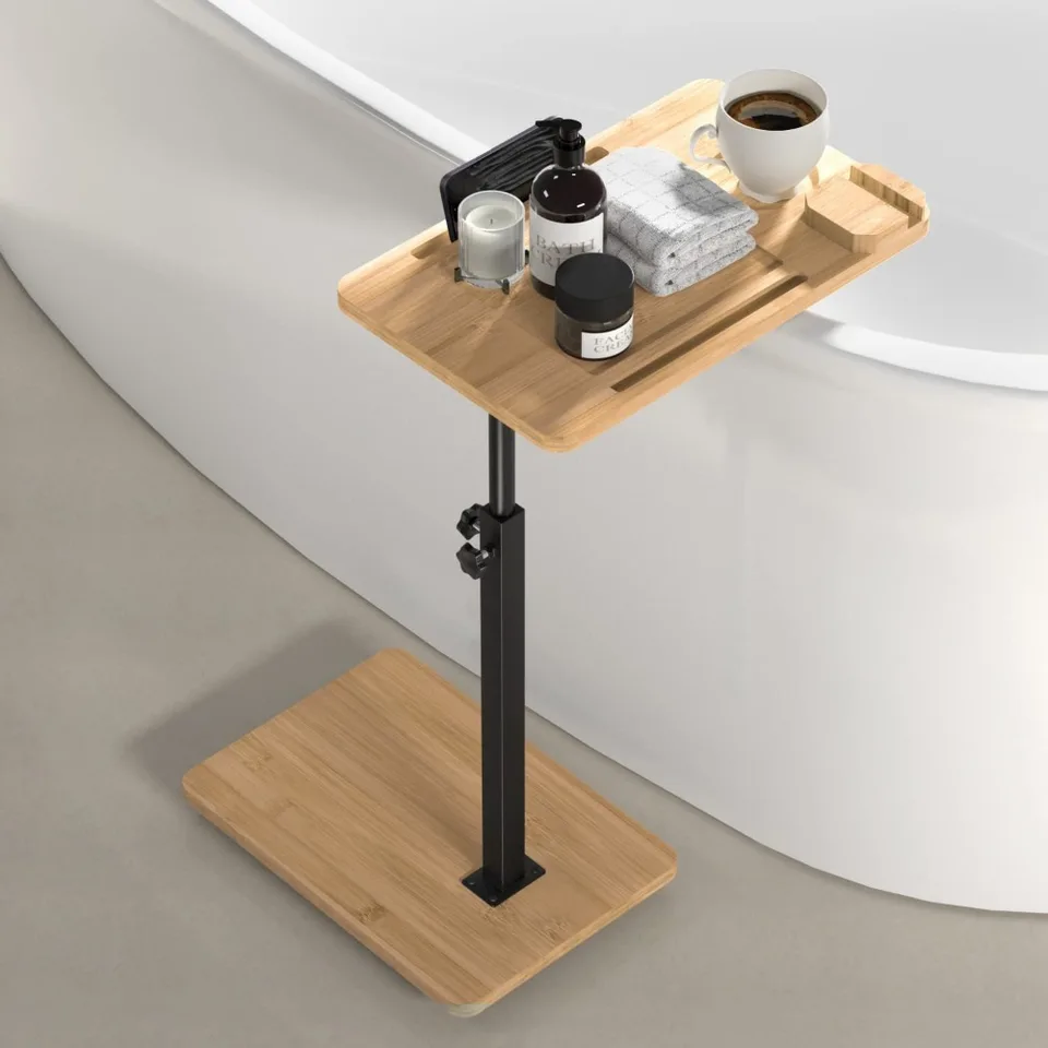 Bamboo Sofa Tray Minimalist Adjustable Height C-shaped End Table Removable Bathroom Tray Portable Picnic Table Computer Stand