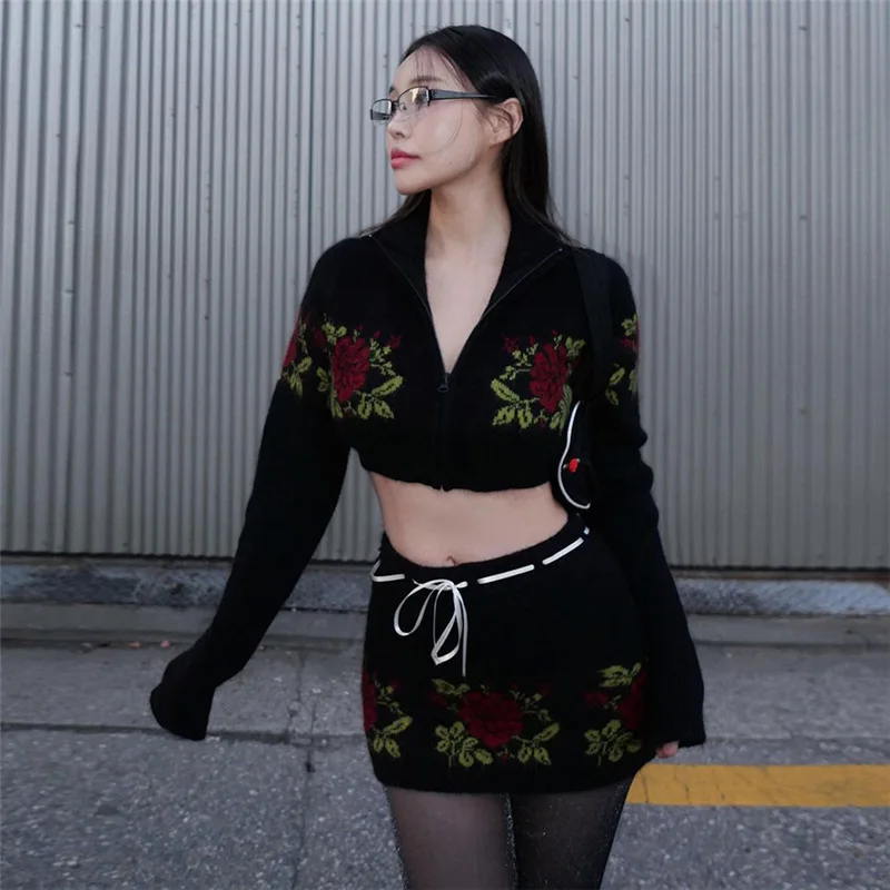 Knitted Sweater Dress Two Piece Skirt Sets 2023 Winter Women Clothes Sexy Crop Tops Jacket Elegant Knit Dress 2 Piece Set Outfit