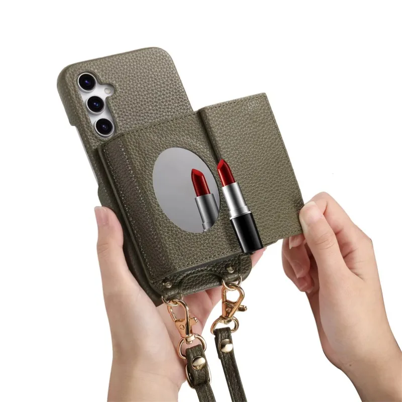 Premium PU Leather Crossbody Wallet Case with Card Holder and Mirror - Shockproof Cover