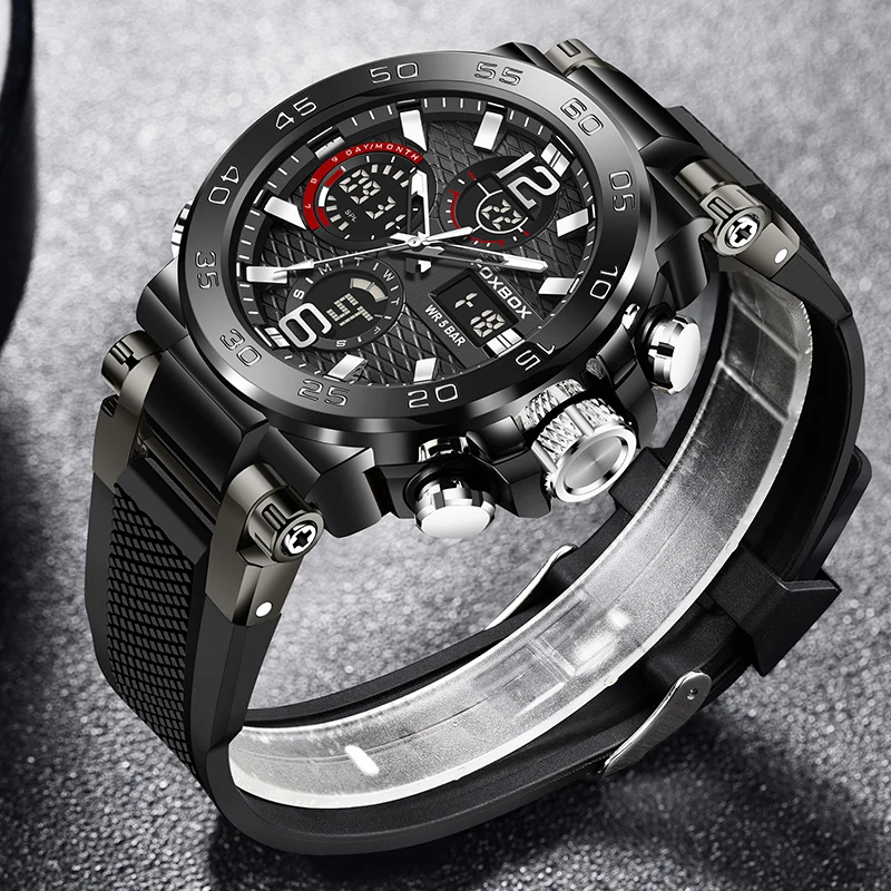 FOXBOX Men Watch Digital Sport Mens WristWatch Top Brand Luxury Military Army Silicone Band Analog LED Quartz Male Clock 2023