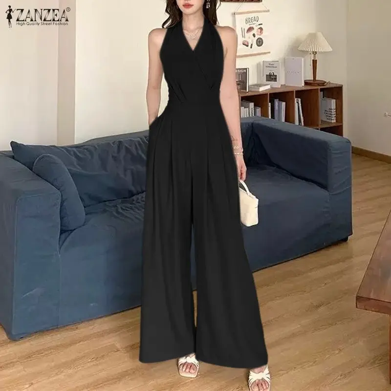 Fashion Summer Women Jumpsuits Sleeveless ZANZEA Solid Wide Leg Pants V Neck Party OL Work Overalls Long Playsuits Streetwear 1