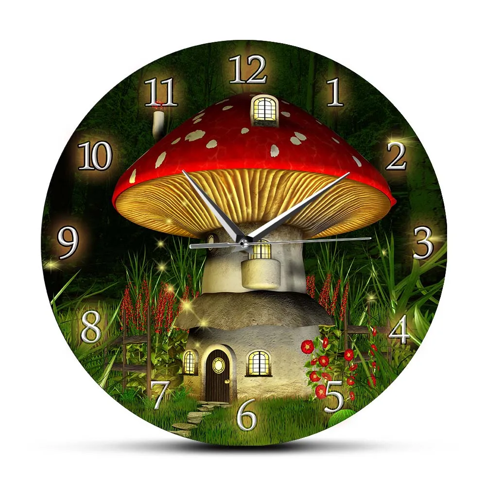 

Dreamyland Gnome Mushroom House Fantasy Wall Clock For Nursery Kids Bedroom Toadstool House Fairy Tales Garden Magic Wall Watch