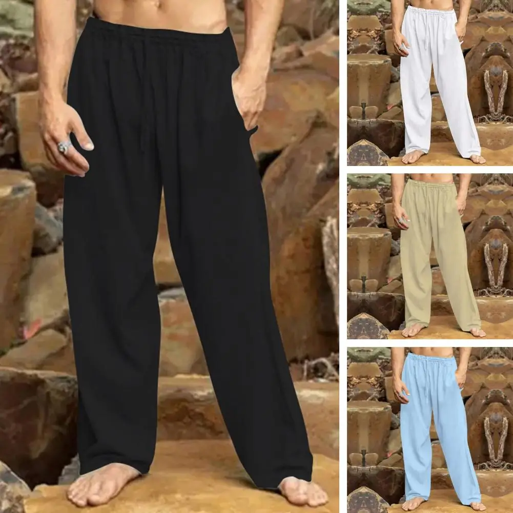 

Elastic Waist Tie Pants Streetwear Men's Elastic Waist Straight Wide Leg Sport Trousers Casual Long Pants in Solid Color