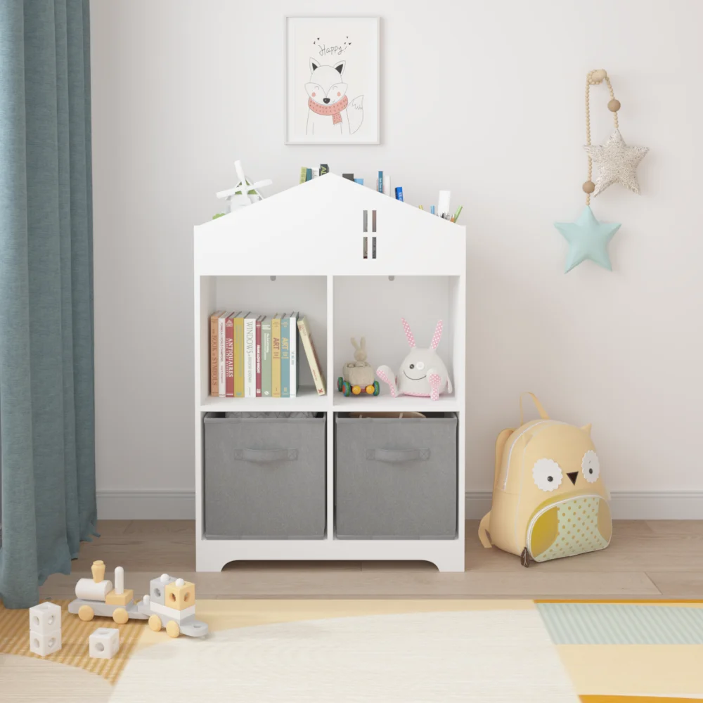 Kids Dollhouse Bookcase with Storage, 2-Tier Storage Display Organizer, Toddler Bookshelf with 2 Collapsible Fabric Drawers 4