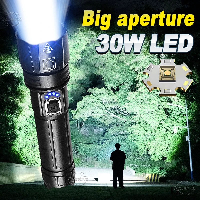 

Most Long Range 30w Powerful LED Flashlight Rechargeable Torch lights XHP220 High Power Led Flash light Tactical Hunting Lantern