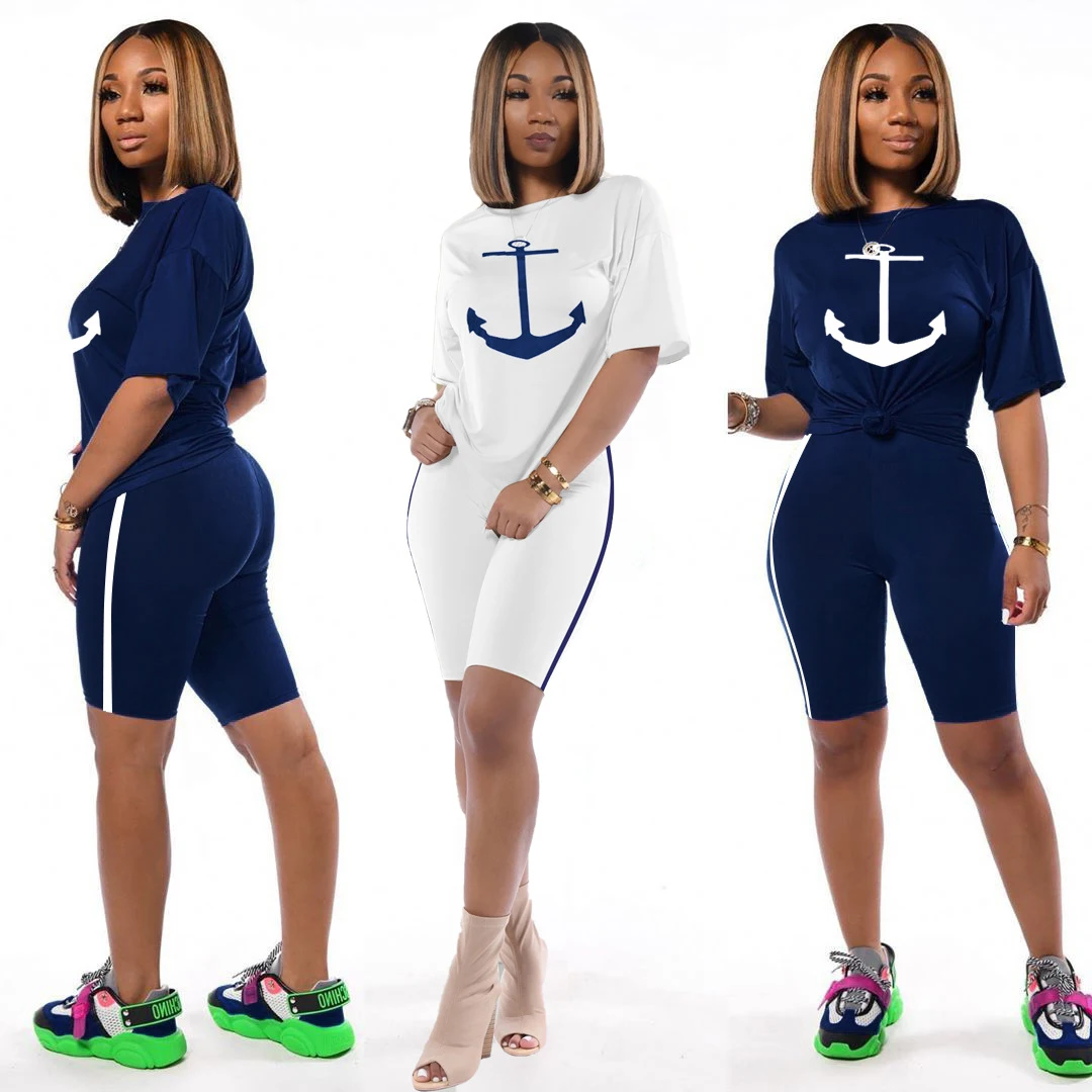 women Boat Anchor Print female two-piece short-sleeved t-shirts printed navy suits anchor two-piece shorts suit Casual  fahion shorts hope is an anchor to the soul pocket shorts in multicolor size l m