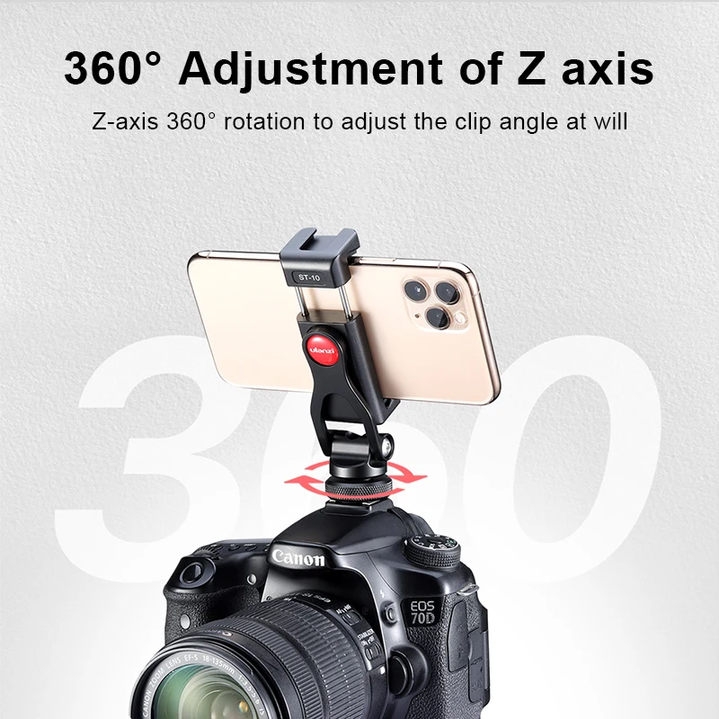 ULANZI ST-10 360 회전 금속 휴대폰 삼각대 마운트 홀더, 마이크 라이트, 캐논, 니콘, , DSLR 카메라, 스마트폰용 콜드 슈 포함