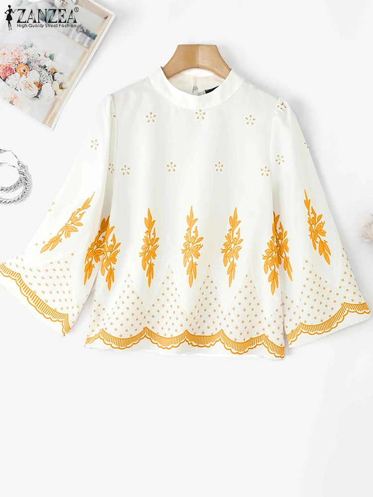 Women Summer Elegant Print Blouse Puff Sleeve Casual Tops