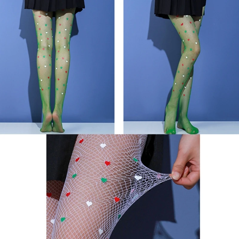 Colorful Heart Pattern Fishnet Pantyhose Women Summer Thin Sheer Mesh High  Waist Tights Female Sexy Stockings for Party Club