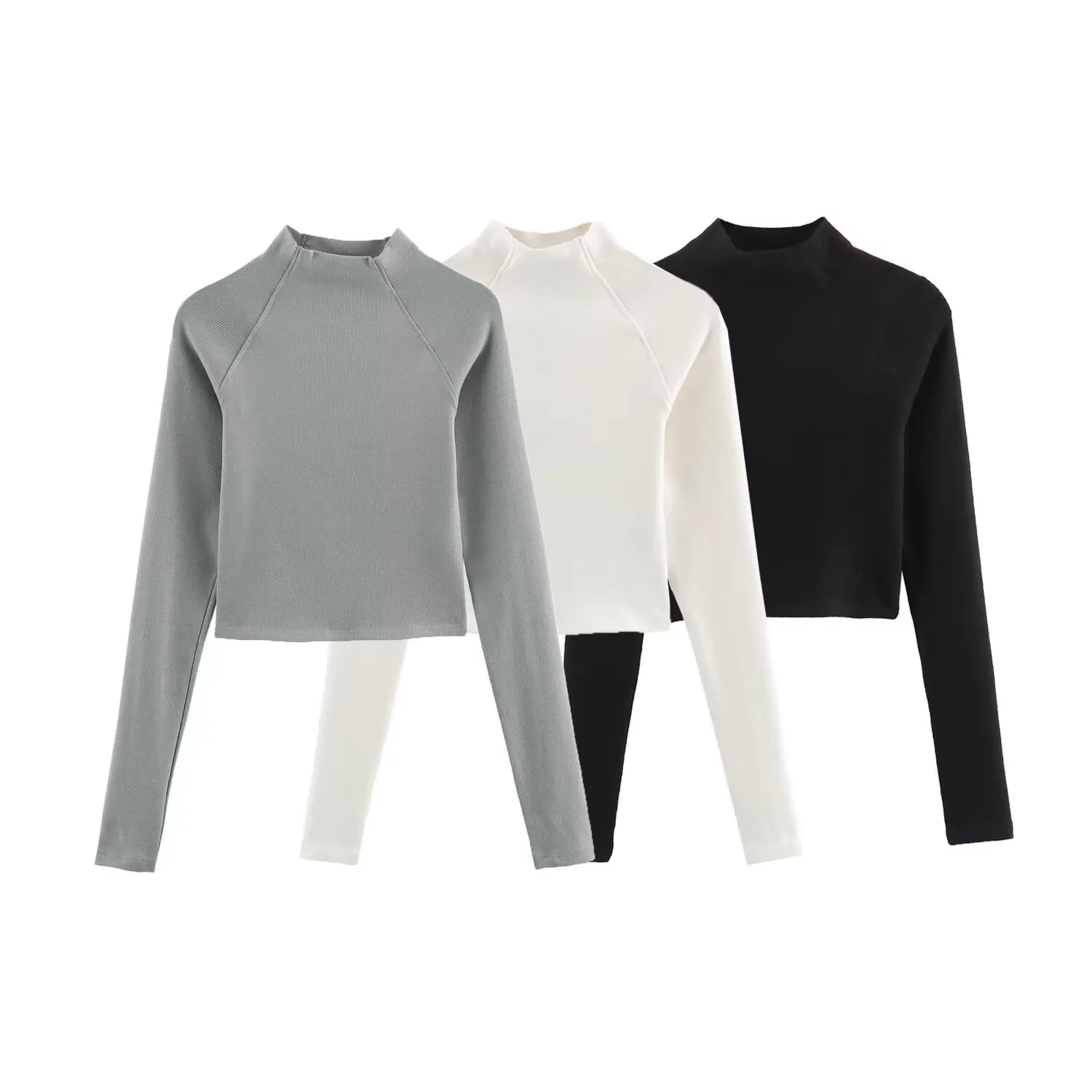 

Women New Fashion Thread decoration Cropped Elastic slim Knitted Tops Vintage stand Neck Long Sleeve Female Pullovers Chic Tops