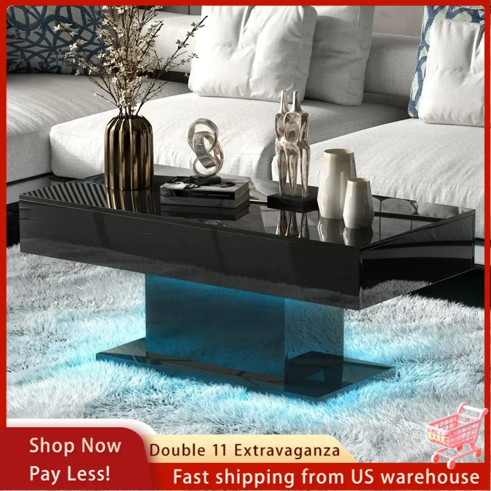 Led Coffee Table for Living Room, Living Room Table Rectangular Center Table, Modern High Glossy Wooden Coffee Tables